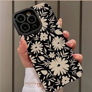 iPhone Phone Case PU Leather Vertical Stripe Design Black with Floral